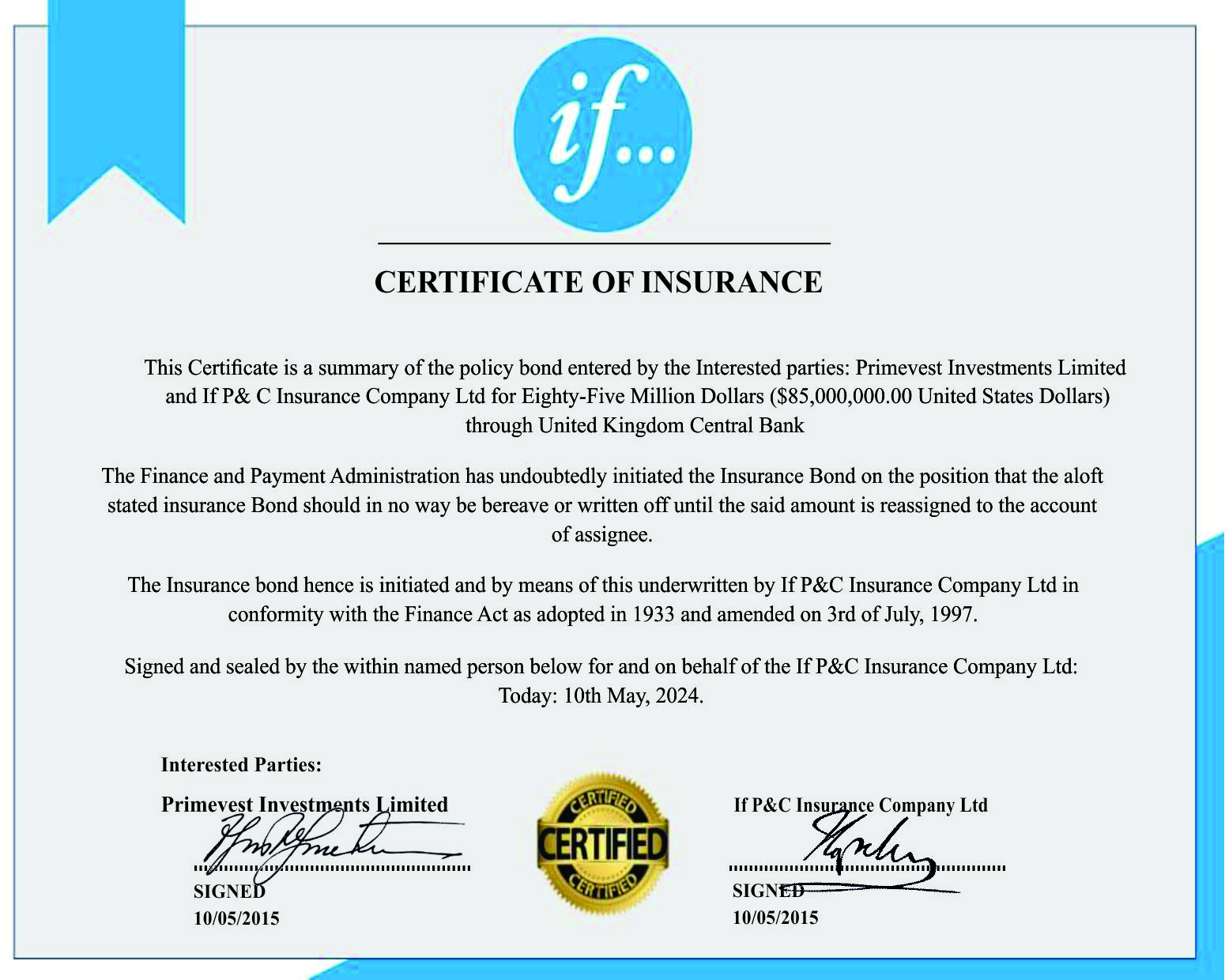 Primevest Investments Limited certificate